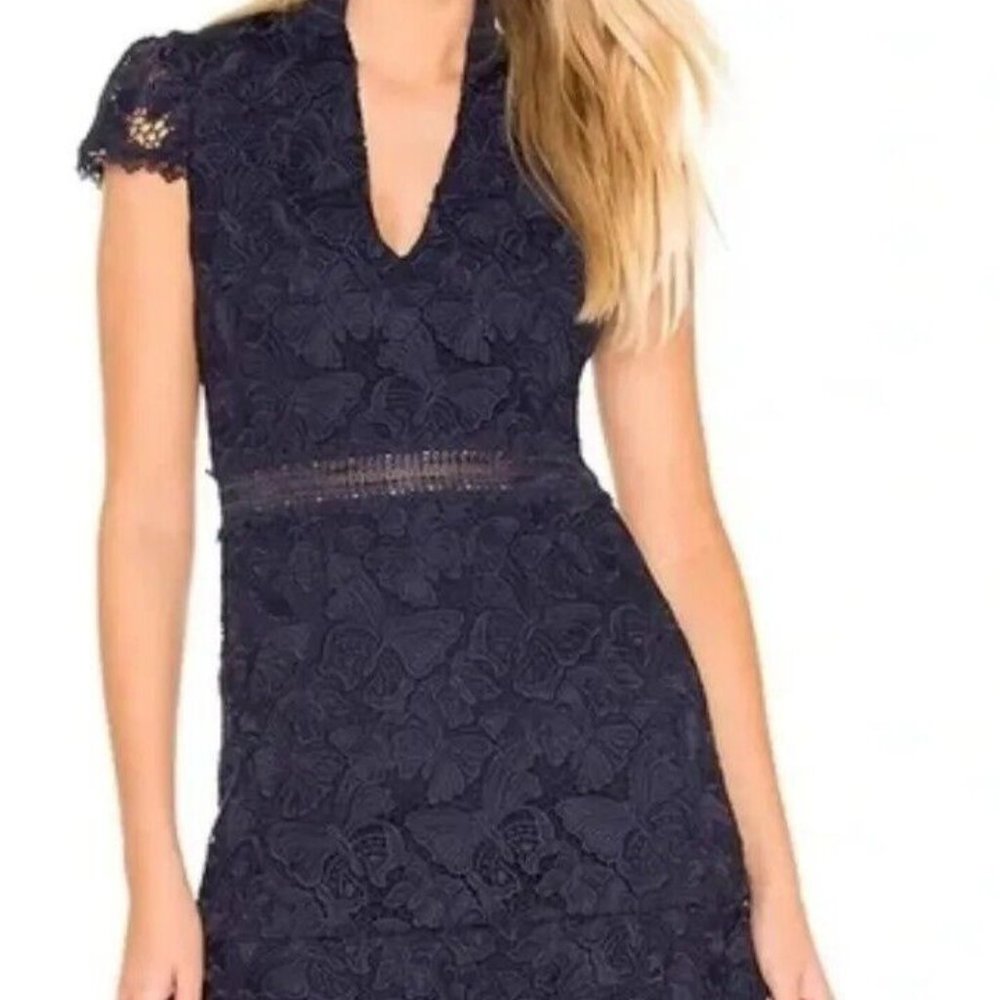 Alice + Olivia Diona Lace Dress Women's Short Sleeve Fit & Flare Navy Size 6